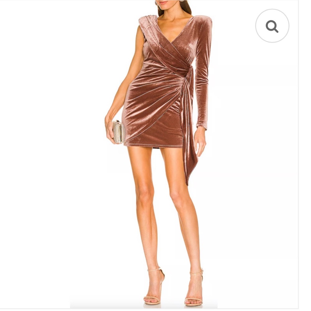 Michael Cosello x Revolve bronze / brown one sleeve wrap mini dress sz L